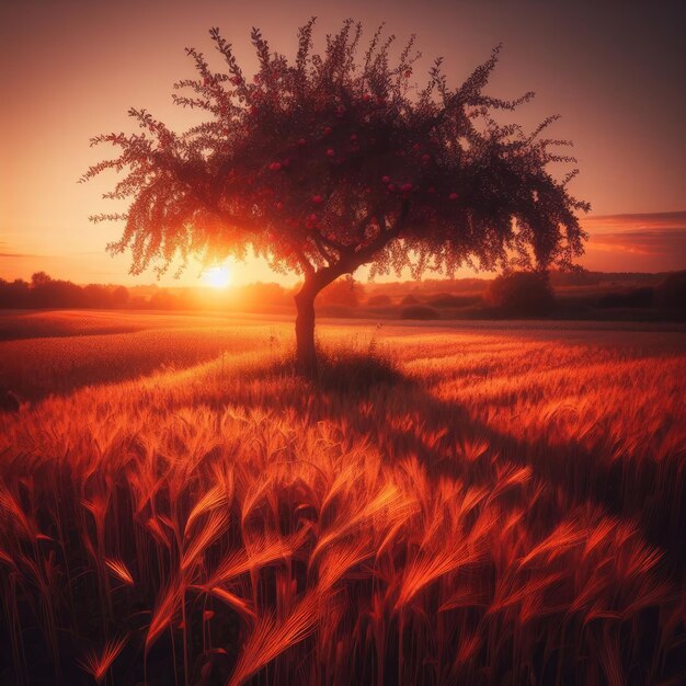 sunset in the field tree on sunset background