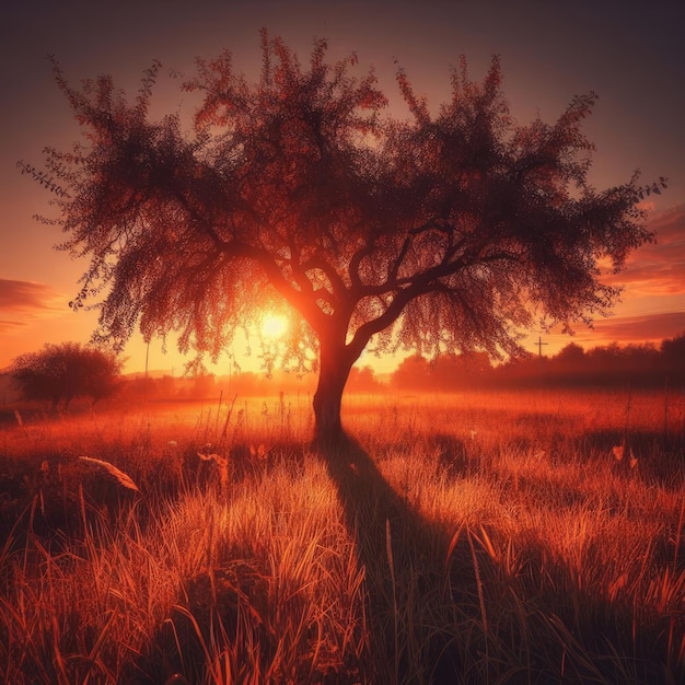 sunset in the field tree on sunset background