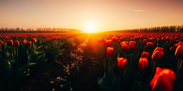 A sunset over a field of tulips