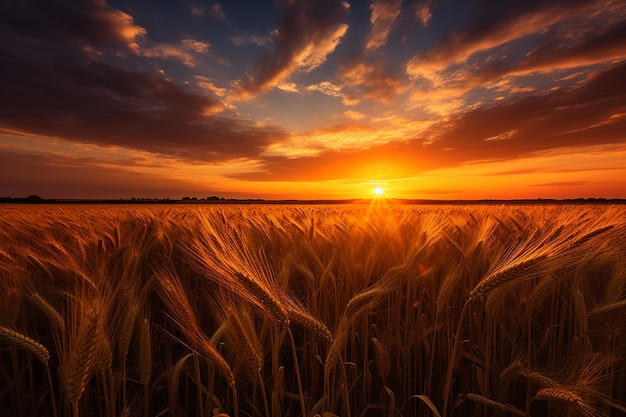 Sunset over a field of wheat or other crops