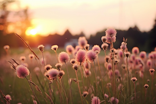 Sunset over a field of wild grasses or reeds