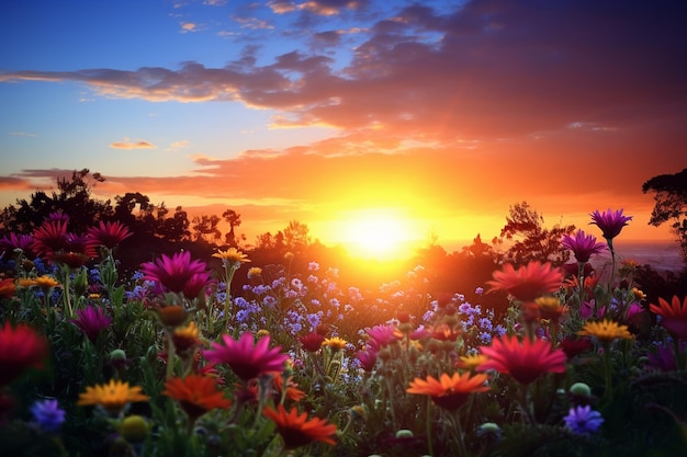Sunset over a field of wild herbs and flowers