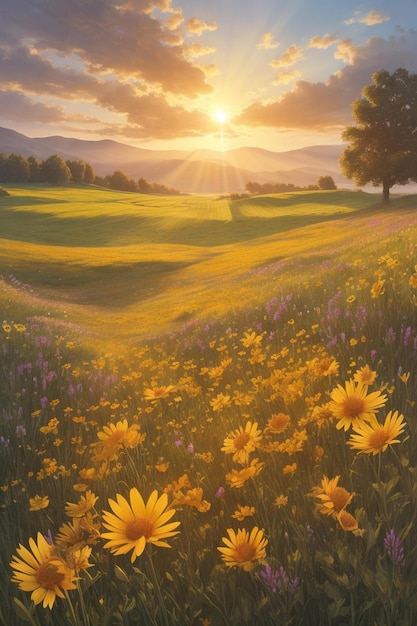 Sunset in a field of wildflowers