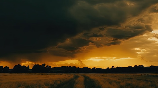 A sunset over a field with a dark sky and a sunset in the background