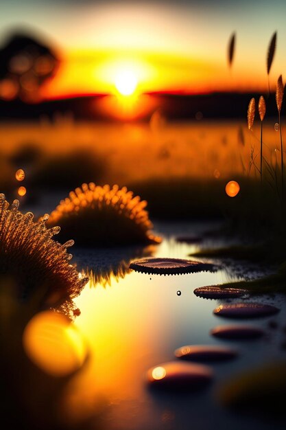 Sunset in a field with grass and dew Marble with miniature world in glass reflection