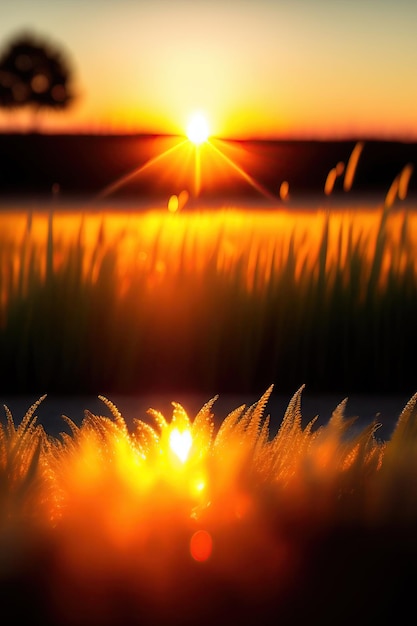 草と露のある野原の夕日 ガラスの反射にミニチュアの世界を持つ大理石
