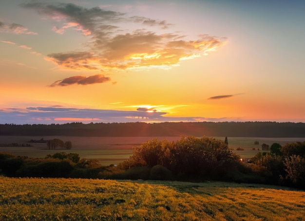 a sunset in a field with a mountain