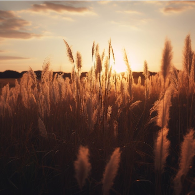 Sunset in the field with pampas grass