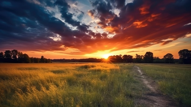 Photo sunset over a field with pathwayxa