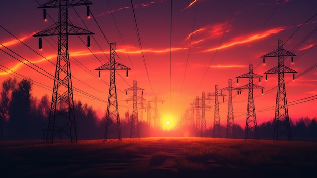 Sunset over a field with power lines