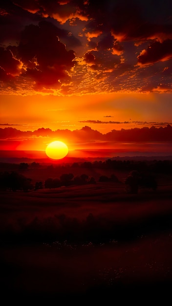 A sunset in a field with a red sky and clouds