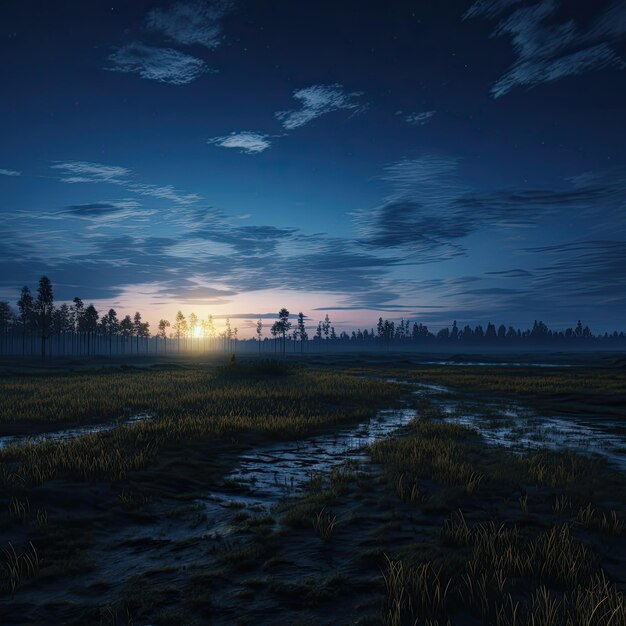 A sunset in a field with a road leading to the horizon.