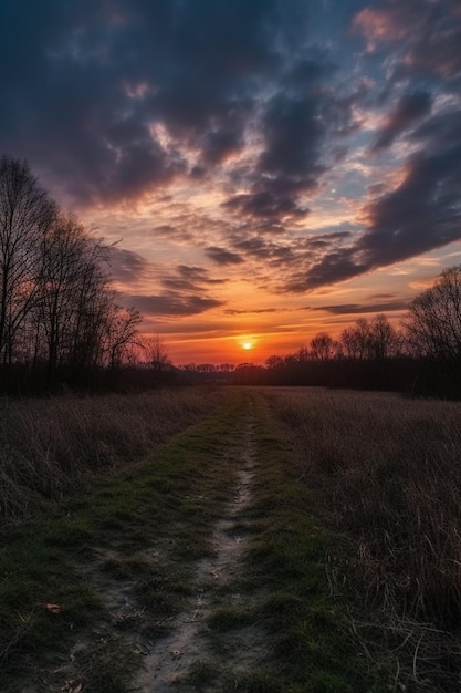 A sunset in a field with a trail leading to the horizon.