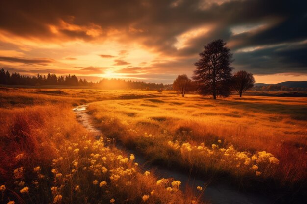 Sunset on a field with trees and a river