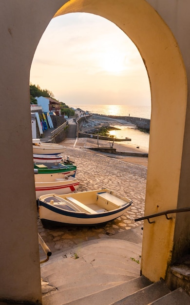 Sunset in the fishing port of the town of Guethary in the province of Lapurdi French Basque Country Department of PyreneesAtlantiques