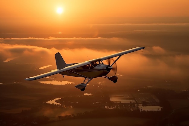 Foto volo al tramonto di un popolare aereo leggero