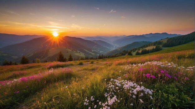 Sunset over a flower covered mountain valley