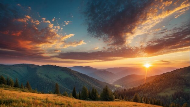 Sunset over a flower covered mountain valley