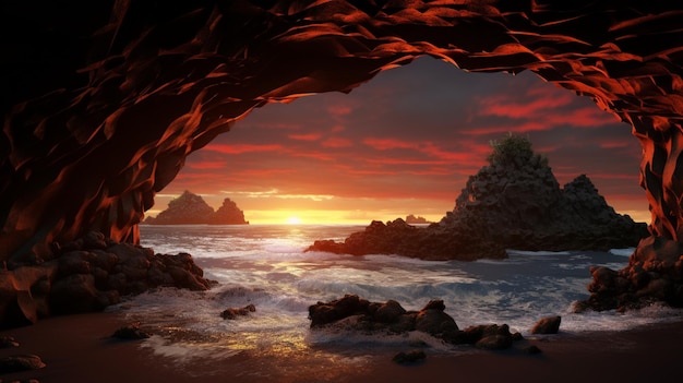 Фото Закат внутри заката, вход в морскую пещеру, фотография, изображение, созданное искусственным интеллектом