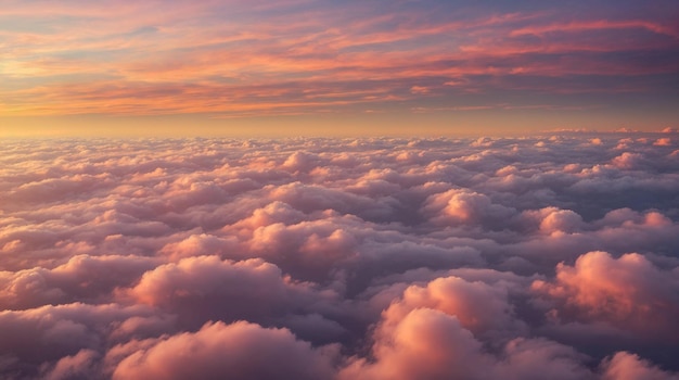 Photo sunset flying above the clouds peach clouds pastel colors generative ai