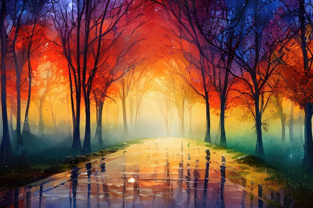 Sunset in the forest autumn color illustration