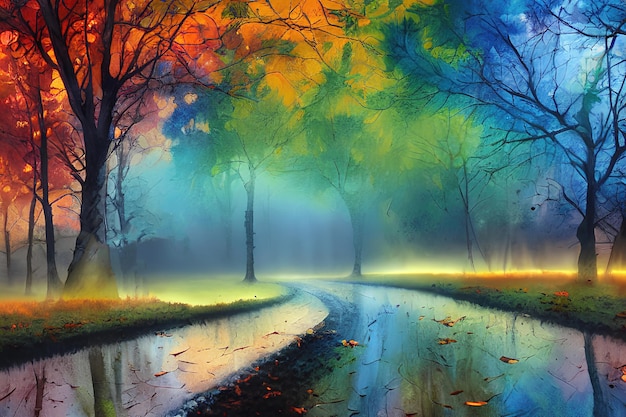 Закат в лесу осенняя цветная иллюстрация