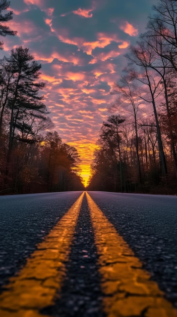 Foto il tramonto su una strada boschiva con un cielo vibrante