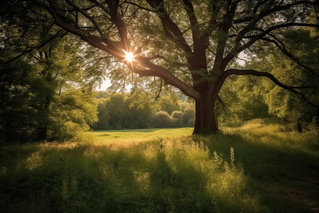 Sunset in the forest with a big tree and green grass A beautiful nature view with a green tree in the morning AI Generated