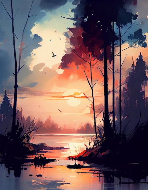 Sunset in the forest with a lake and trees