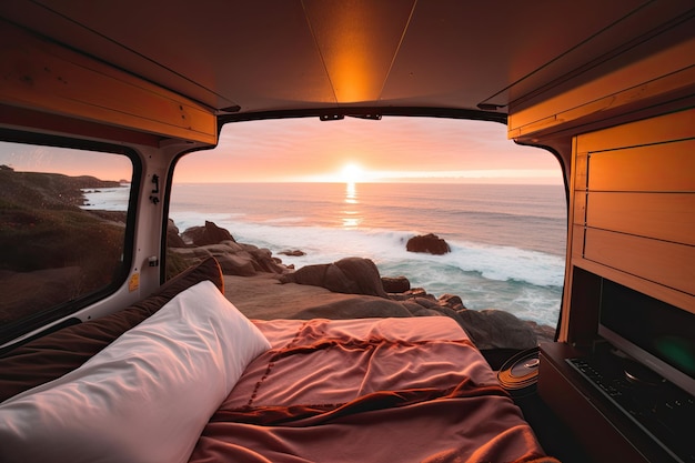 Sunset from back of camper van with beach landscape Concept of nature and having freedom in holiday