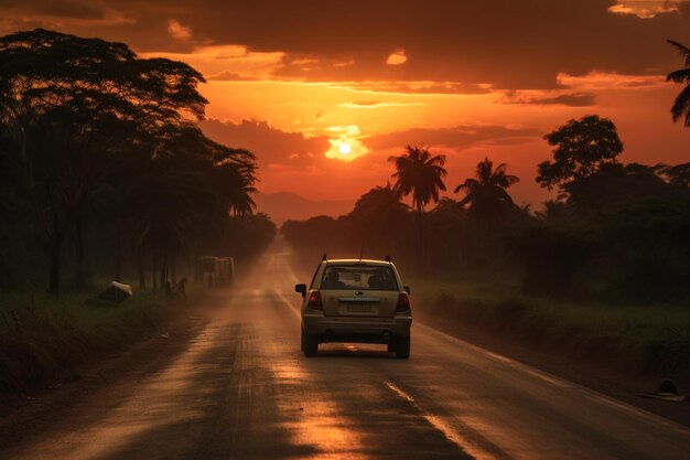 Sunset from the road in the style of afrocolombian themes light amber and gray