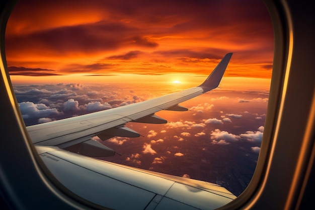 Sunset from the window of a plane during flight