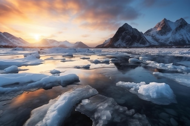 A sunset over a frozen lake with ice and mountains in the background.