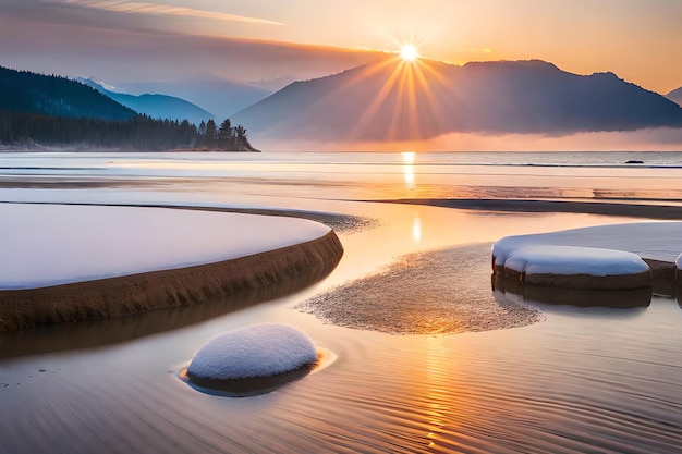 A sunset over a frozen lake with a mountain in the background