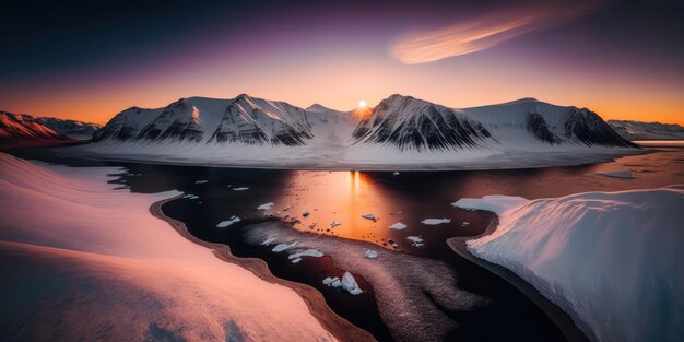 A sunset over a frozen lake with mountains in the background