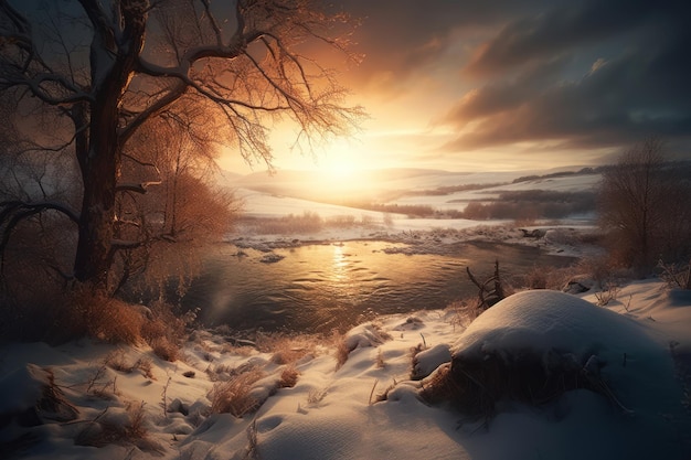 Sunset over a frozen river with snow covered trees and a snowy landscape