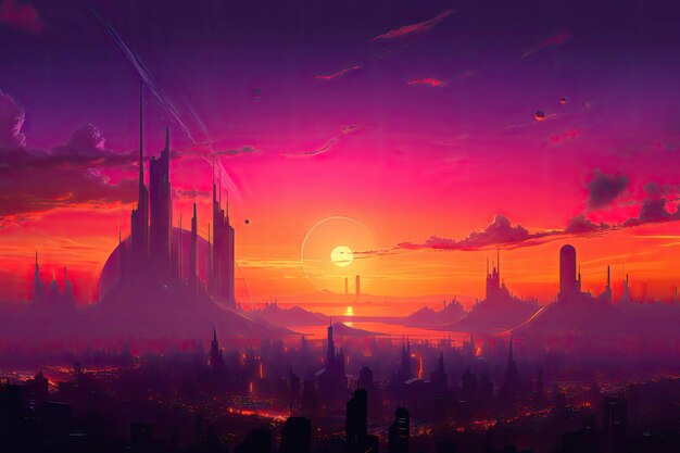 Sunset over futuristic city with orange and pink hues filling the sky created with generative ai