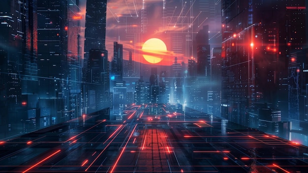 Sunset over a futuristic city