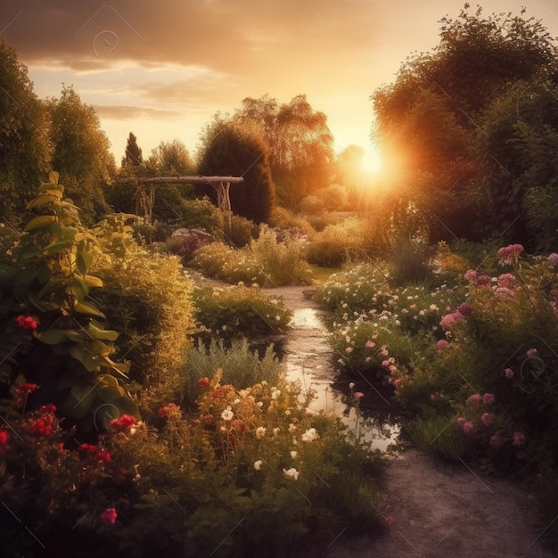 Sunset in a garden with a path and flowers generative ai