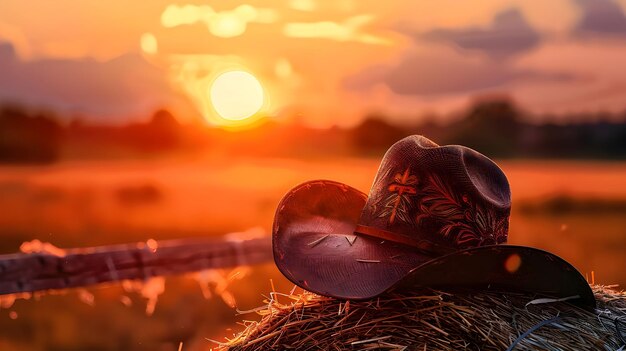 Sunset glow on cowboy hat atop hay bale Ai Generated