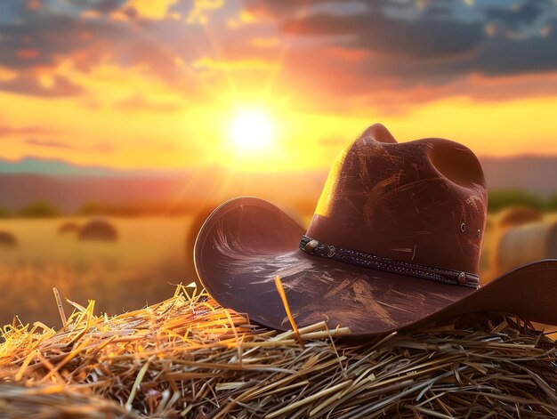Photo sunset glow on cowboy hat atop hay bale ai generated