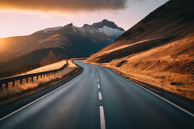 Sunset glow on an empty mountain road a journey into the unknown