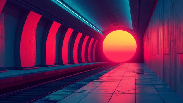 Foto il tramonto alla fine di un tunnel futuristico