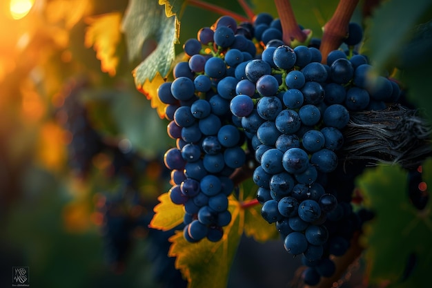 Sunset glow highlights ripe grapes symbolizing the art of winemaking