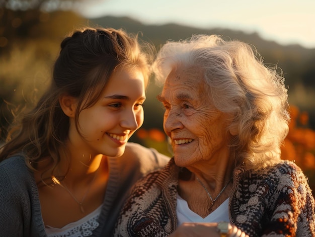 Photo sunset glow on joyful grandmother and granddaughter