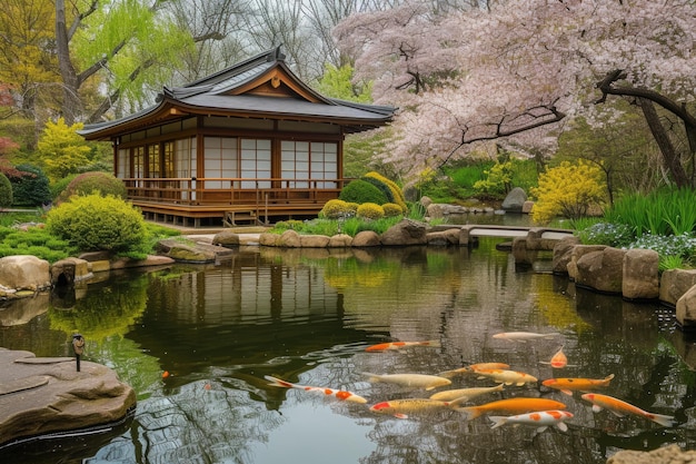 평화 로운 일본 파빌리온 에서 해 가 지는 빛 - 화려 한 코이 연못