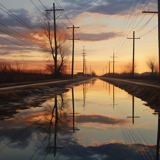 Foto sunset glow powerlines afgetekend tegen de avondlucht