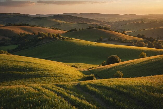 Sunset Glow on Rolling Countryside Hills