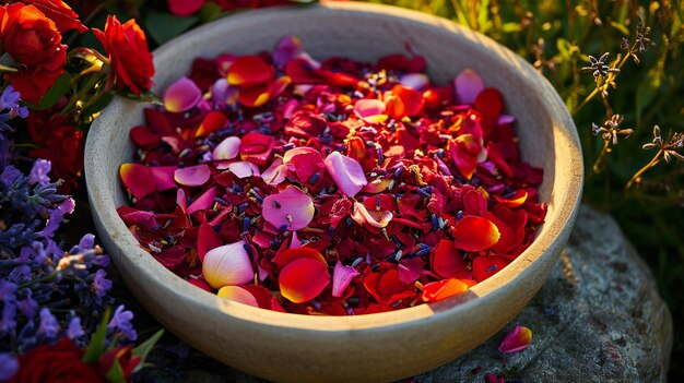 Sunset Glow on Vibrant Flower Petals in Bowl