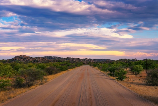 Sunset over the gravel road C35 in Damaraland Namibia